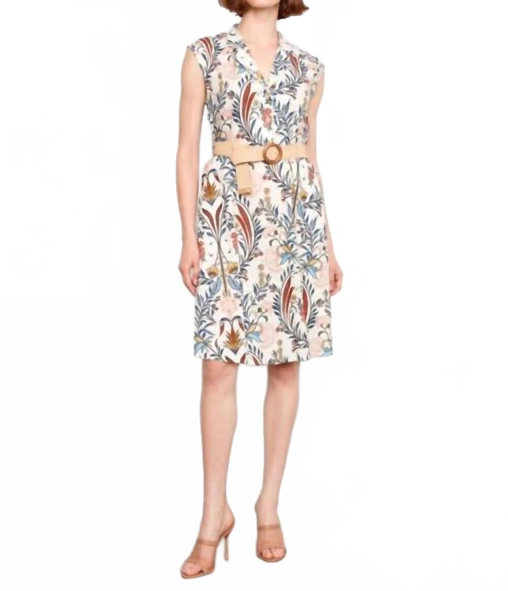 NEW CHARLIE B printed linen cap sleeve dress in beige